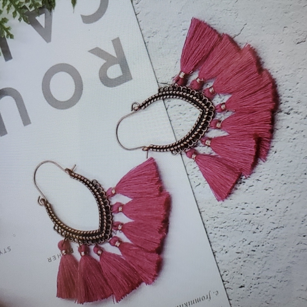 Summer Bohemian  Bronze Magenta Tassel Stamement Earrings